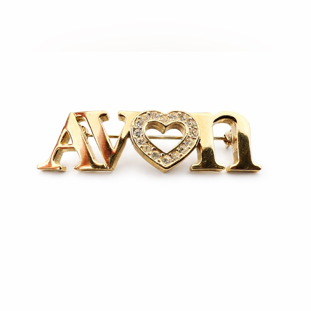 AVON Vintage Gold-Tone Heart Rhinestone Representative Brooch Pin